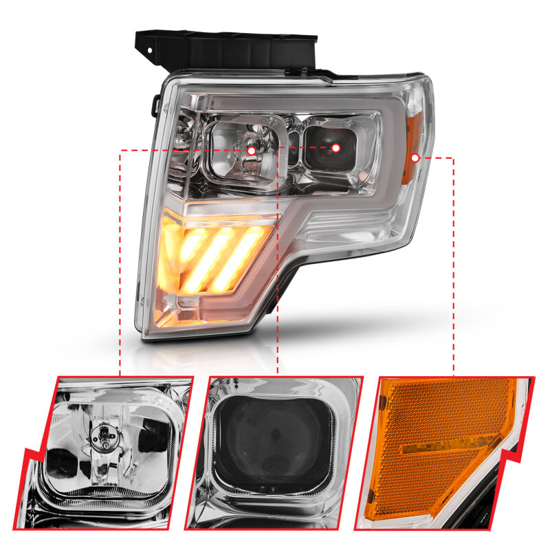 Ford F-150 Projector Headlight - ANZO - Clear Lens, Chrome with Amber Housing - Chrome Amber - `09-`14