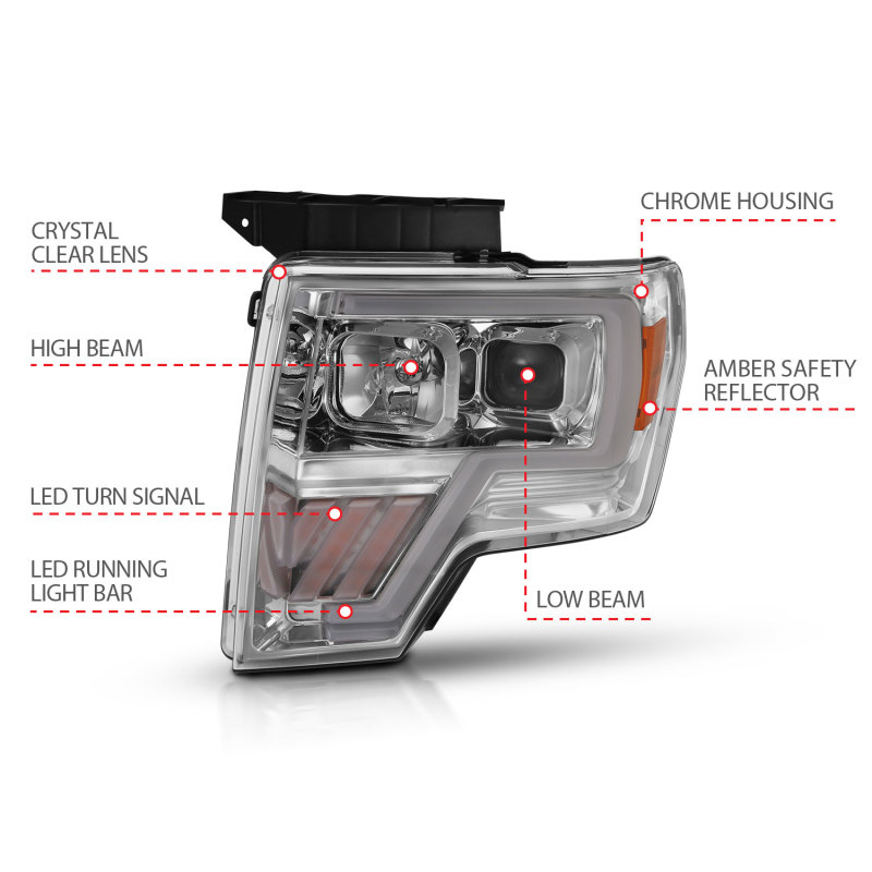Ford F-150 Projector Headlight - ANZO - Clear Lens, Chrome with Amber Housing - Chrome Amber - `09-`14