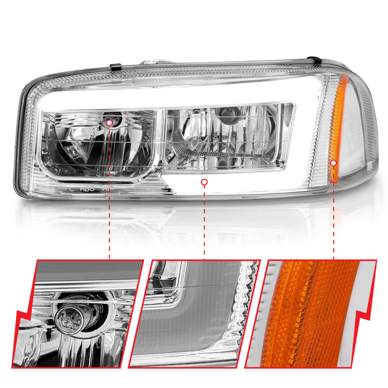 GMC Denali Crystal Headlights - ANZO - w/ C Light Bars - Chrome Amber - `99-`17