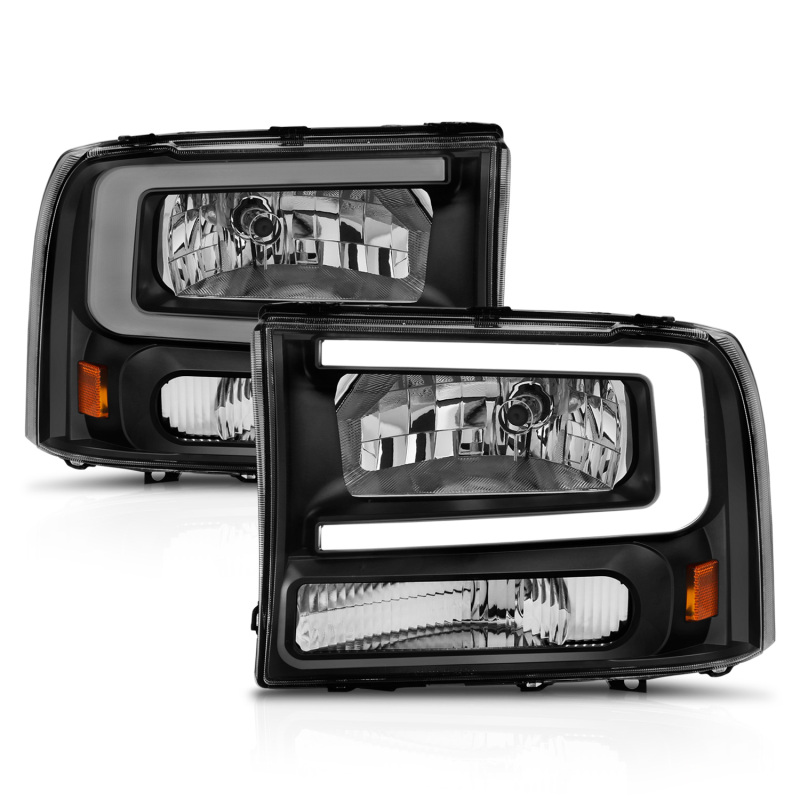 Ford Excursion Headlights - ANZO - Crystal w/ Light Bar - Black Housing - `00-`04