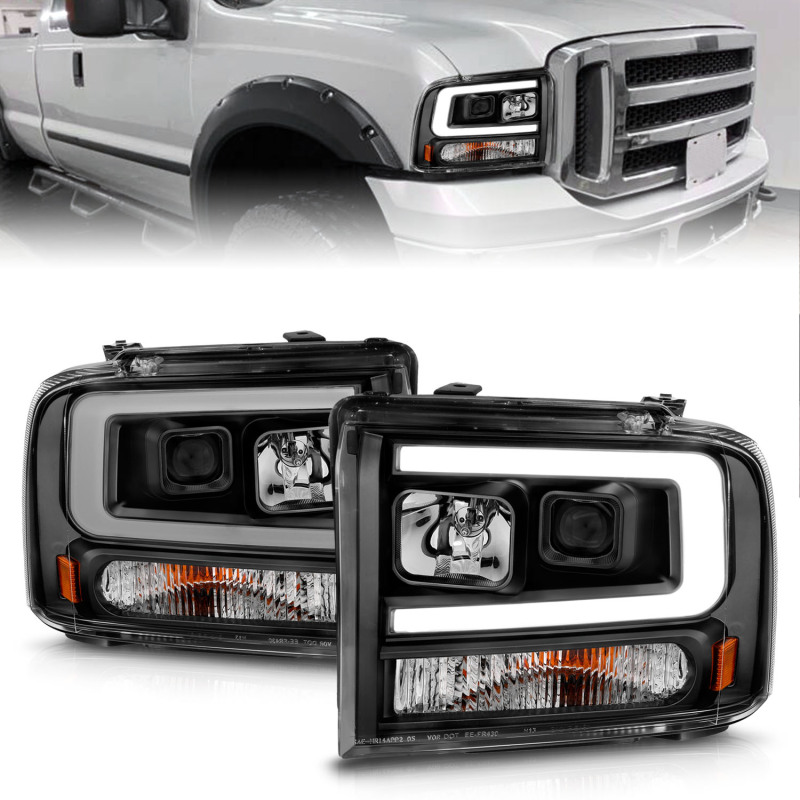 Ford Excursion LED/Projector Headlights - ANZO - w/ Light Bar - Black Housing - `00-`04