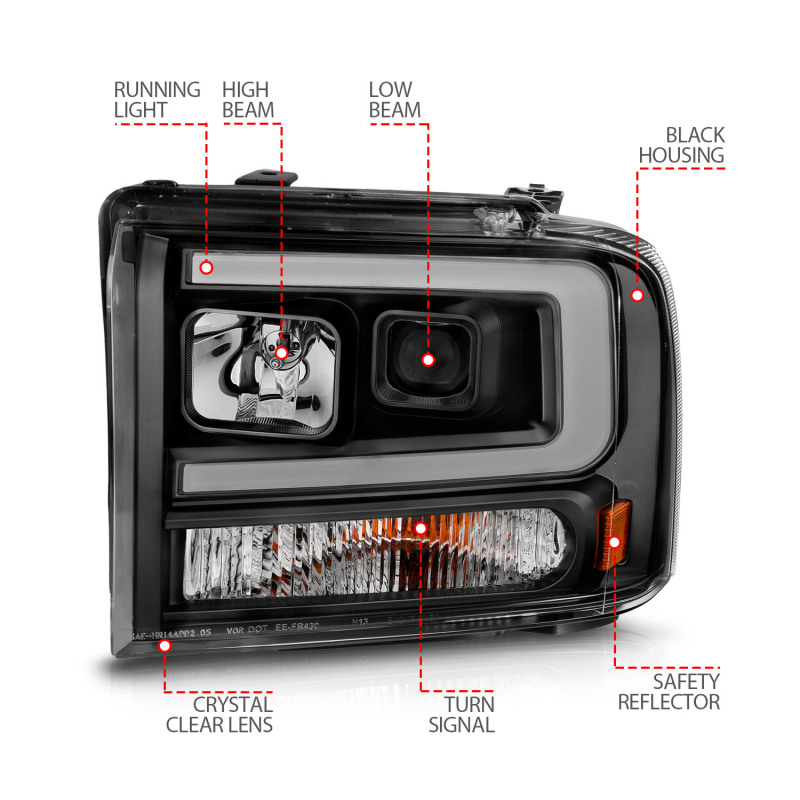 Ford Excursion LED/Projector Headlights - ANZO - w/ Light Bar - Black Housing - `00-`04