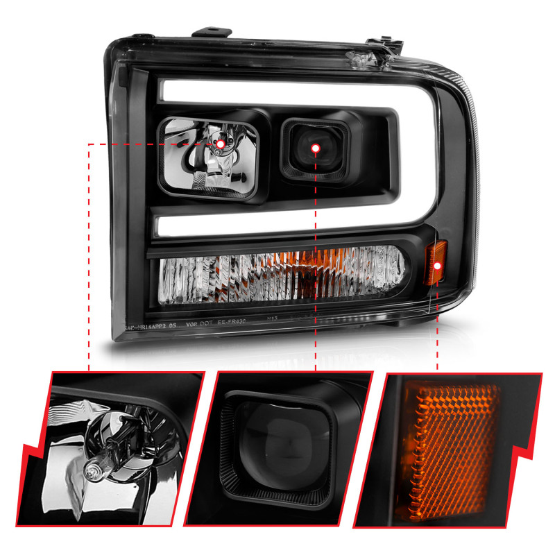 Ford Excursion LED/Projector Headlights - ANZO - w/ Light Bar - Black Housing - `00-`04
