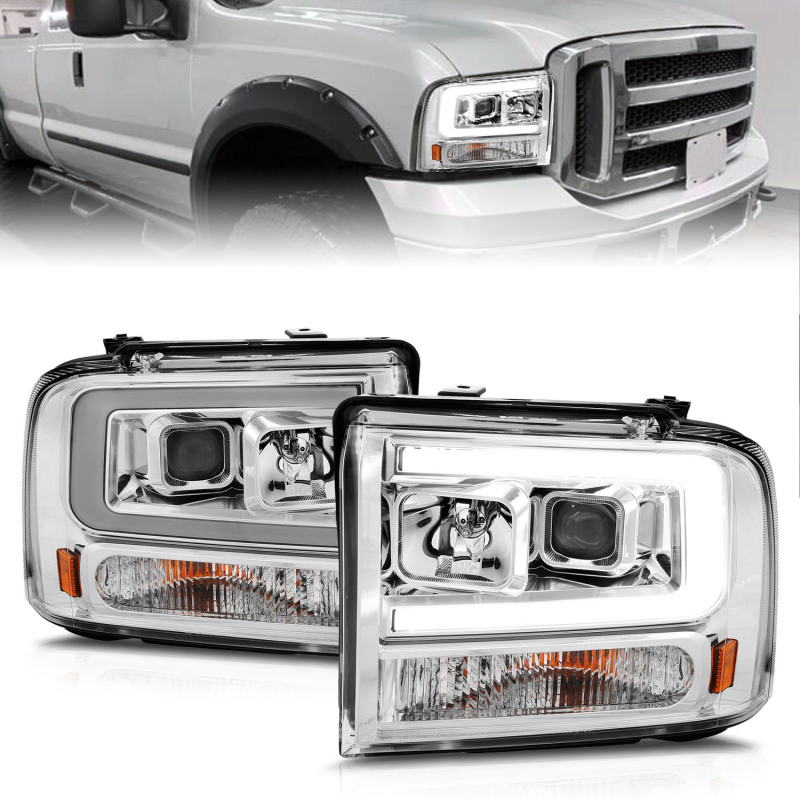 Ford Excursion LED/Projector Headlights - ANZO - w/Light Bar - Chrome - `00-`04