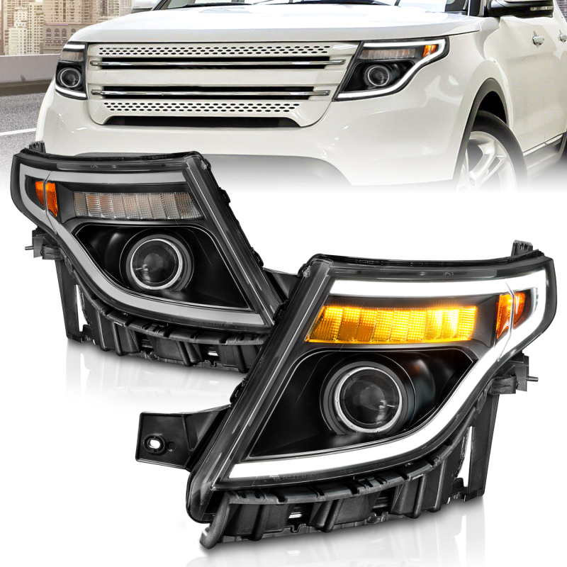 Ford Explorer Headlights - ANZO - Projector Headlights w/ Light Bar - Black Housing - `11-`15