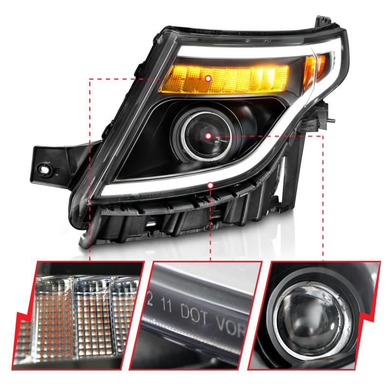 Ford Explorer Headlights - ANZO - Projector Headlights w/ Light Bar - Black Housing - `11-`15