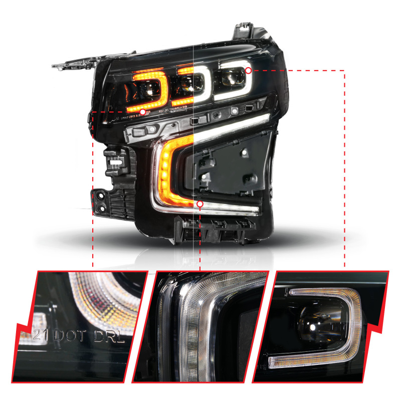 Chevrolet Tahoe LED/Projector Headlights - Left Side - ANZO - Light Bar Style w/ Sequential DRL - Black - `21-`23