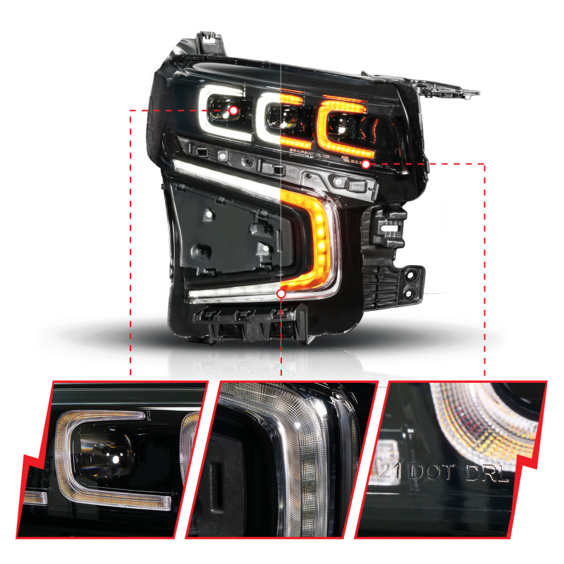 Chevrolet Tahoe LED/Projector Headlights - Right Side - ANZO - LED Light Bar Style with Sequential DRL - Black - `21-`23