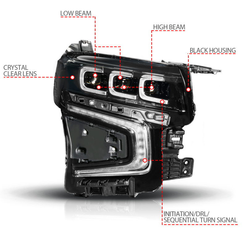 Chevrolet Tahoe LED/Projector Headlights - Right Side - ANZO - LED Light Bar Style with Sequential DRL - Black - `21-`23