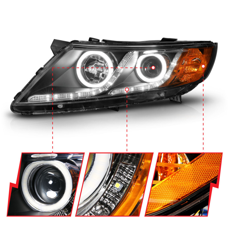 Kia Optima Projector Headlights - ANZO - CCFL w/ Halo, Clear Lens, Black Housing - Black - `11-`13