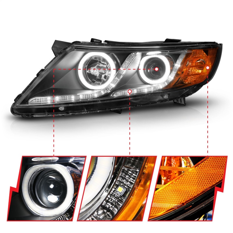 Kia Optima Projector Headlights - ANZO - CCFL w/ Halo, Clear Lens, Black Housing - Black - `11-`13