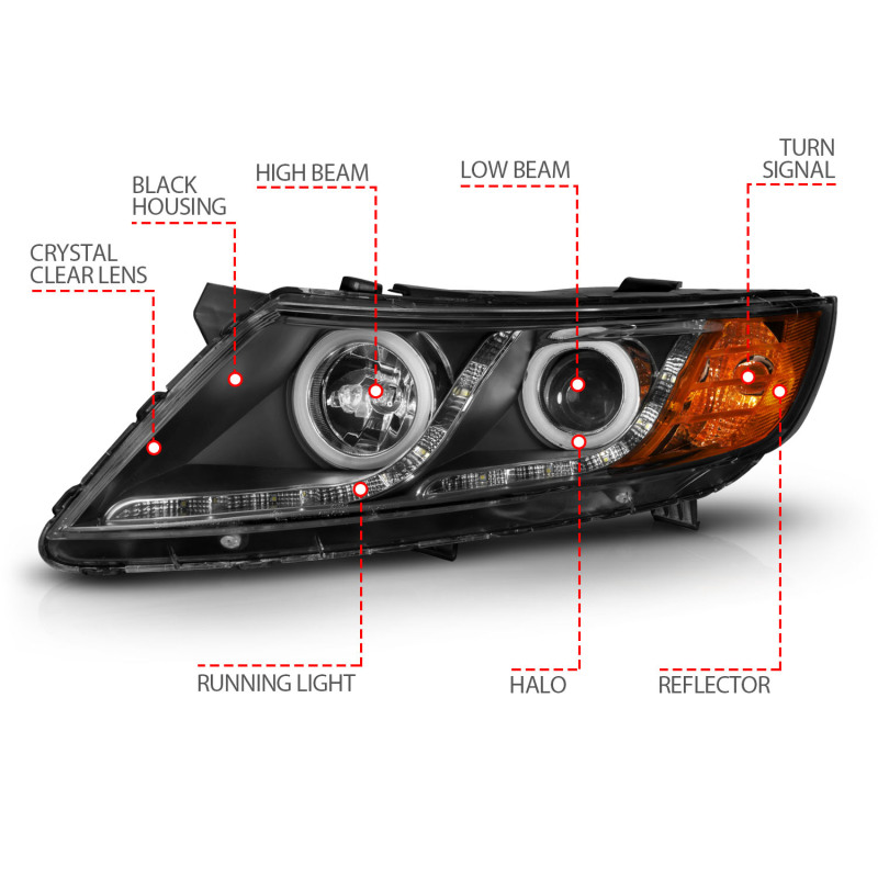 Kia Optima Projector Headlights - ANZO - CCFL w/ Halo, Clear Lens, Black Housing - Black - `11-`13