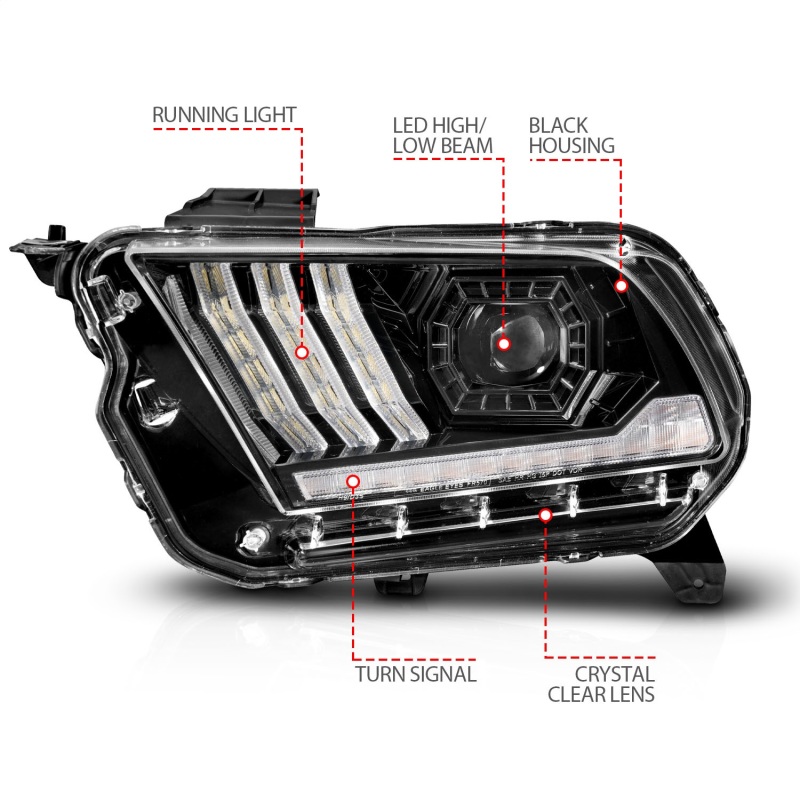 Ford Mustang Projector Headlights - ANZO - LED with Light Tube Sequential - Black - `10-`14