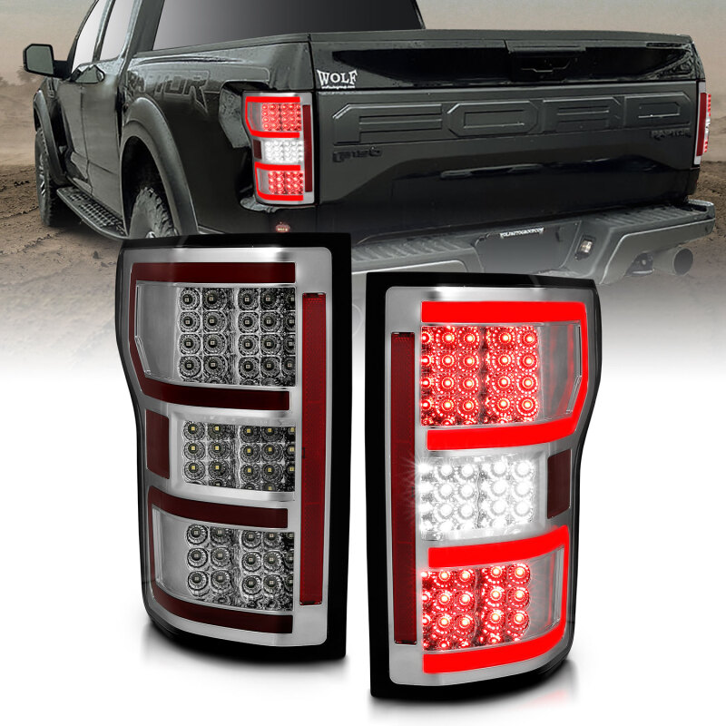 Ford F-150 LED Taillights - Rear - ANZO - LED; Chrome Lens; Black Housing; Red/White Light Color - Chrome - `18-`19