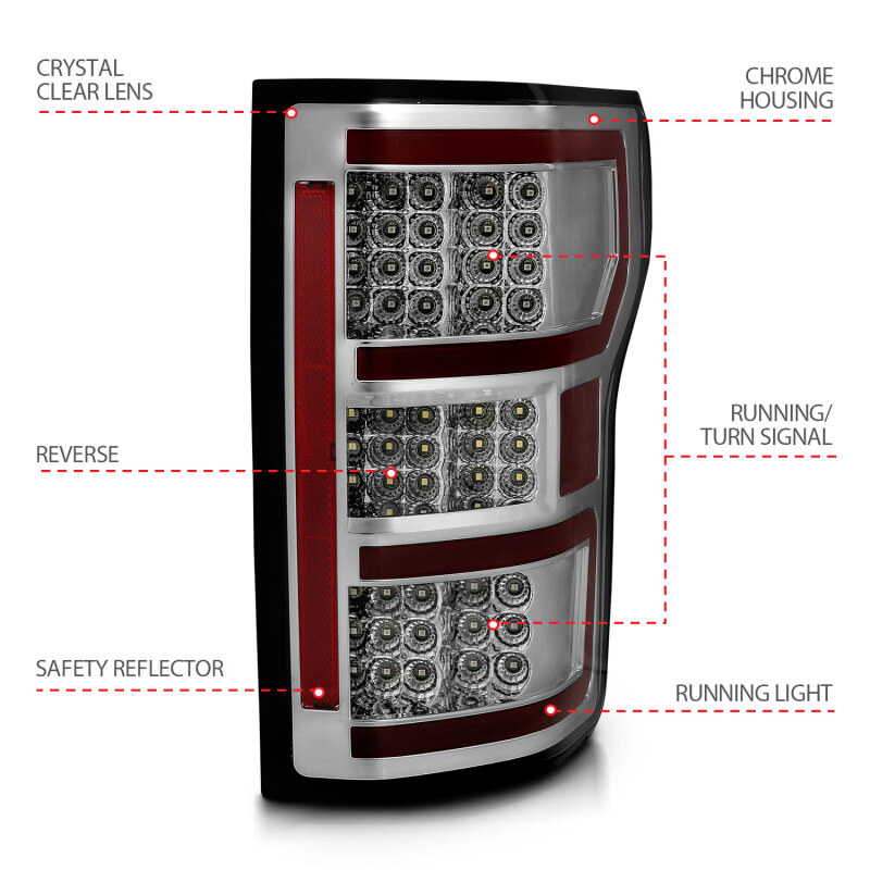 Ford F-150 LED Taillights - Rear - ANZO - LED; Chrome Lens; Black Housing; Red/White Light Color - Chrome - `18-`19