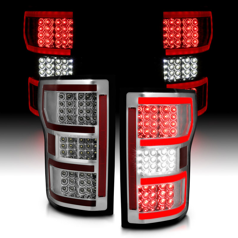 Ford F-150 LED Taillights - Rear - ANZO - LED; Chrome Lens; Black Housing; Red/White Light Color - Chrome - `18-`19
