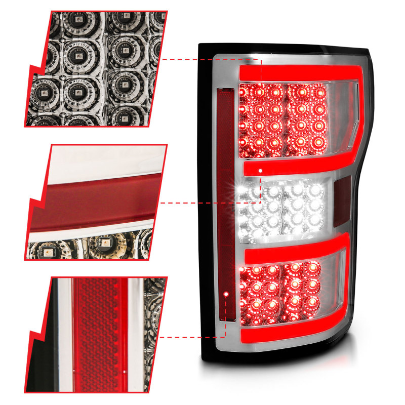 Ford F-150 LED Taillights - Rear - ANZO - LED; Chrome Lens; Black Housing; Red/White Light Color - Chrome - `18-`19