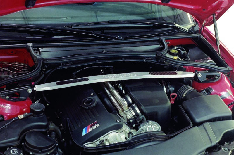 BMW M3 Strut Tower Brace - Front - Dinan - Brushed Aluminum with Carbon Fiber Inlays - `01-`06