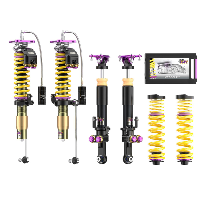 BMW M3 Coilover Suspension Kit - Front + Rear - KW - V5 Clubsport 4-Way Adjustable (TTSP Solid Piston) with aluminum top mounts - Purple - `21-`27