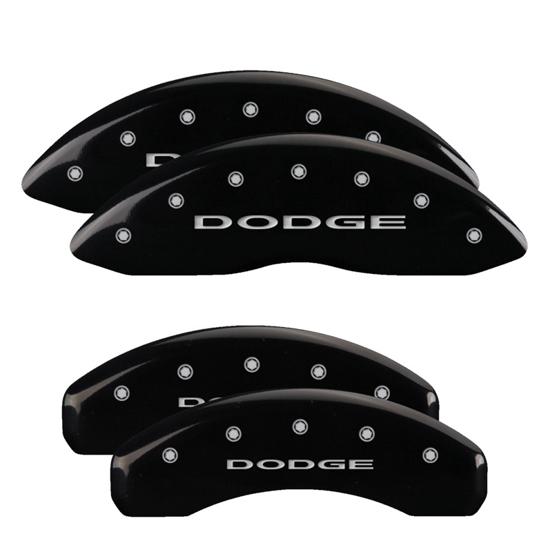Dodge Ram Caliper Covers - Front + Rear - MGP - 4 Logo, Engraved, Silver Characters - Black - `06-`10