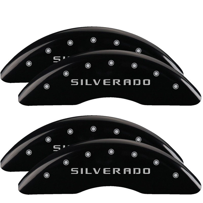 Chevrolet Silverado Caliper Covers - Front + Rear - MGP - Engraved Silverado, Black powder coat finish, silver characters - Black - `18-`19