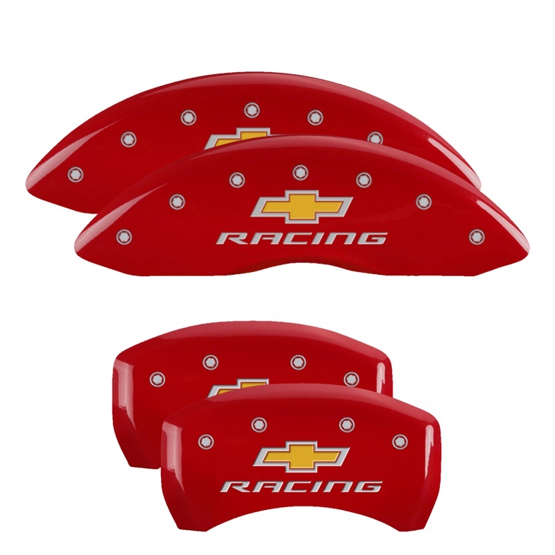 Chevrolet SS Caliper Covers - Front + Rear - MGP - 4 Logo, Engraved, Silver Characters - Red - `14-`15