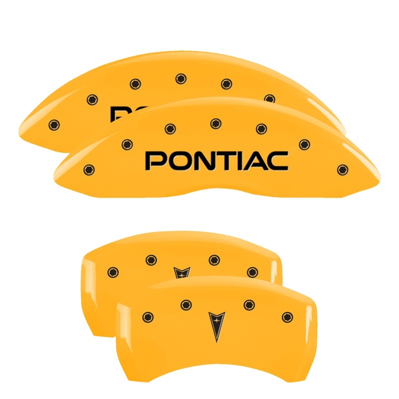 Pontiac Firebird Caliper Covers - Front + Rear - MGP - Engraved Front: Pontiac - Engraved Rear: Arrow - Yellow - `98-`02