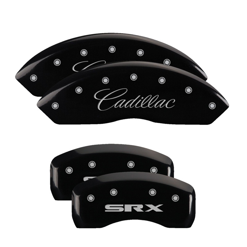 Cadillac SRX Caliper Covers - Front + Rear - MGP - Engraved Front Cursive/Cadillac - Engraved Rear SRX - Black - `04-`11