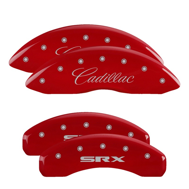 Cadillac SRX Caliper Covers - Front + Rear - MGP - 4 Logo Engraved Front Cursive/Cadillac Engraved Rear SRX - Red - `10-`11