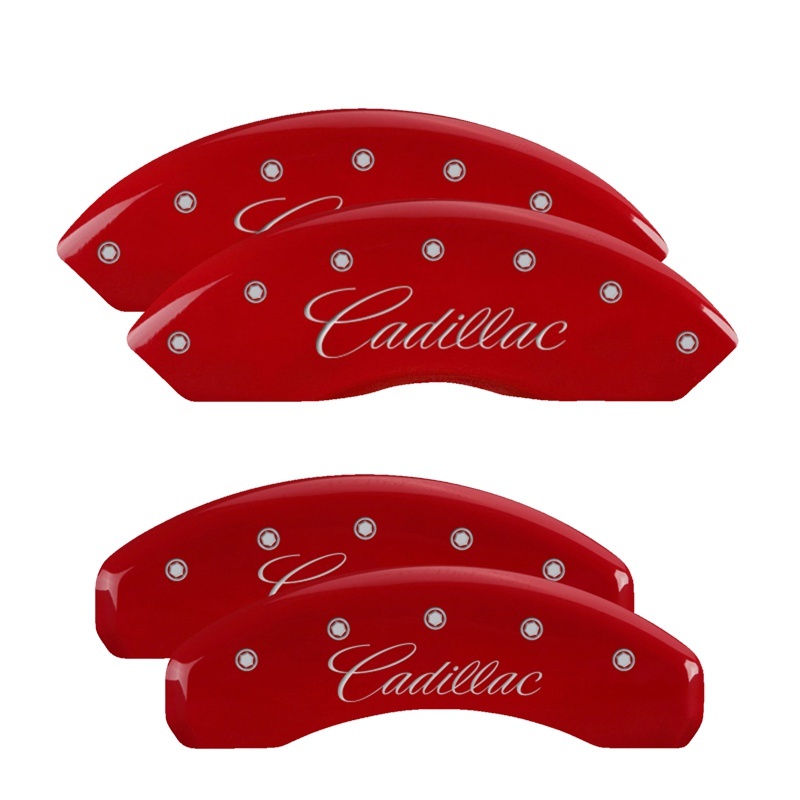 Cadillac DTS Caliper Covers - Front + Rear - MGP - Engraved Cursive/Cadillac - Red - `06-`11