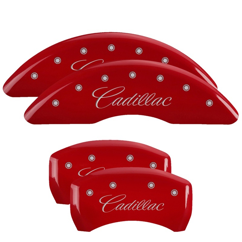 Cadillac XTS Caliper Covers - Front + Rear - MGP - Engraved Cursive/Cadillac - Red - `13-`19