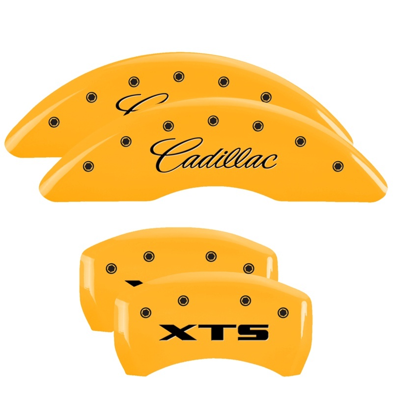 Cadillac XTS Caliper Covers (4) - Front + Rear - MGP - Engraved Front: Cadillac - Engraved Rear: XTS - Yellow - `13-`19