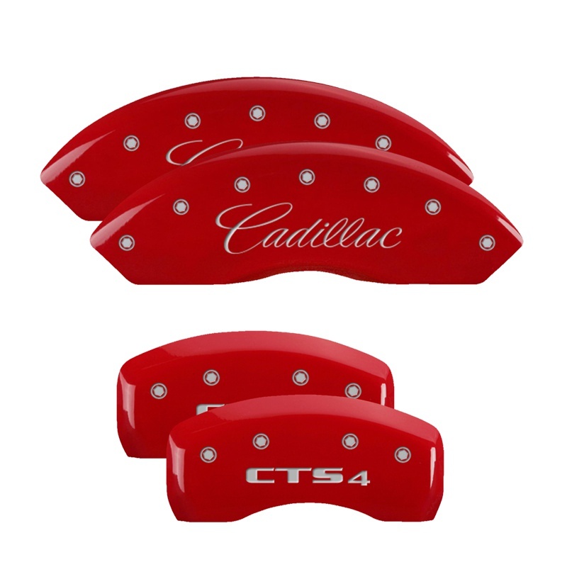 Cadillac CTS Caliper Covers - Front + Rear - MGP - Engraved Front Cursive/Cadillac - Engraved Rear CTS4 - Red - `03-`10