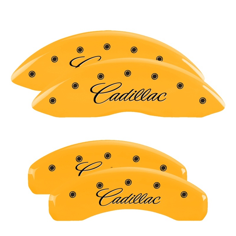 Cadillac CTS Caliper Covers - Front + Rear - MGP - Engraved Cursive/Cadillac - Yellow - `08-`13