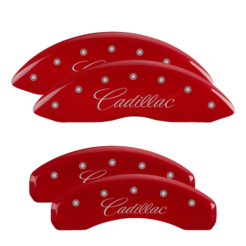 Cadillac CTS Caliper Covers - Front + Rear - MGP - Engraved Cursive/Cadillac - Red - `09-`19