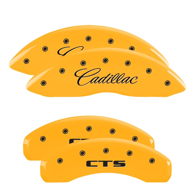 Cadillac CTS Caliper Covers - Front + Rear - MGP - Engraved Front Cursive/Cadillac - Engraved Rear CTS - Yellow - `09-`19