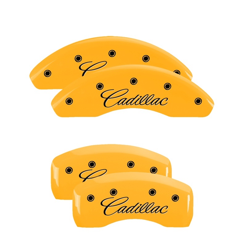 Cadillac ATS Caliper Covers - Front + Rear - MGP - Engraved Cursive/Cadillac - Yellow - `13-`16