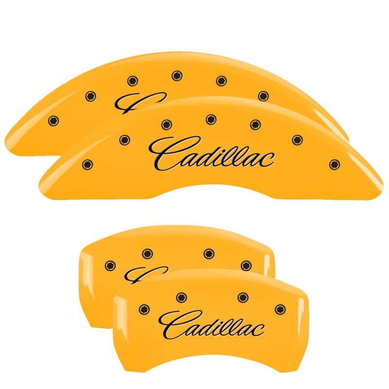 Cadillac CTS Caliper Covers - Front + Rear - MGP - Engraved Cursive/Cadillac - Yellow - `14-`17