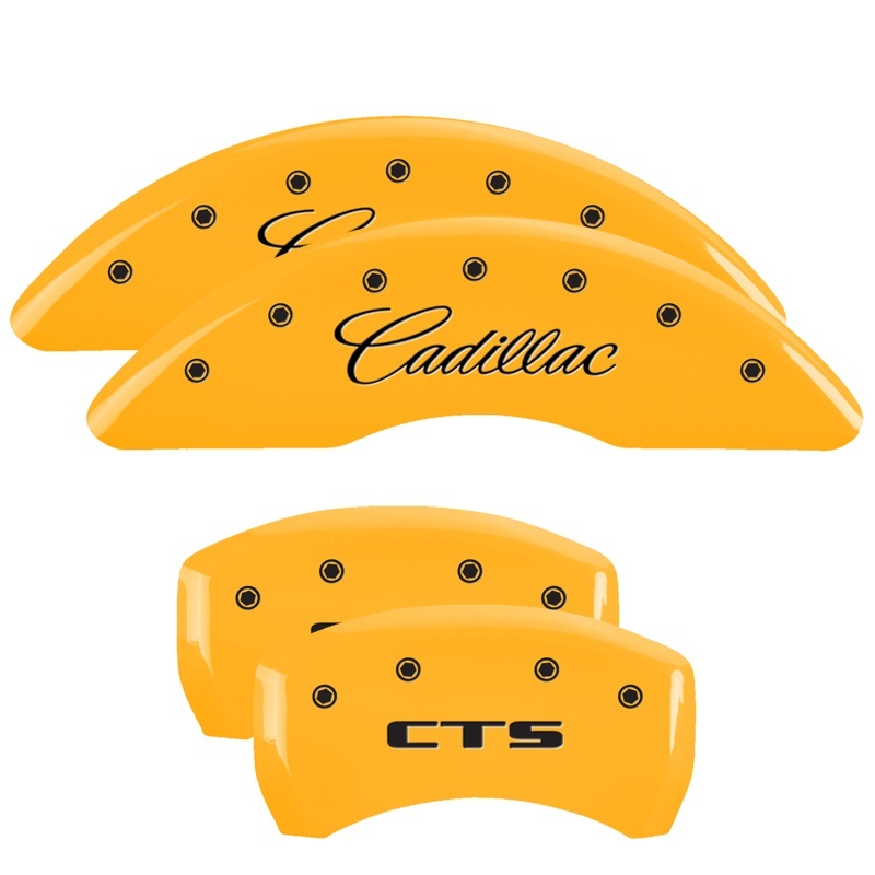 Cadillac CTS Caliper Covers - Front + Rear - MGP - Engraved Front Cursive/Cadillac - Engraved Rear CTS - Yellow - `14-`17