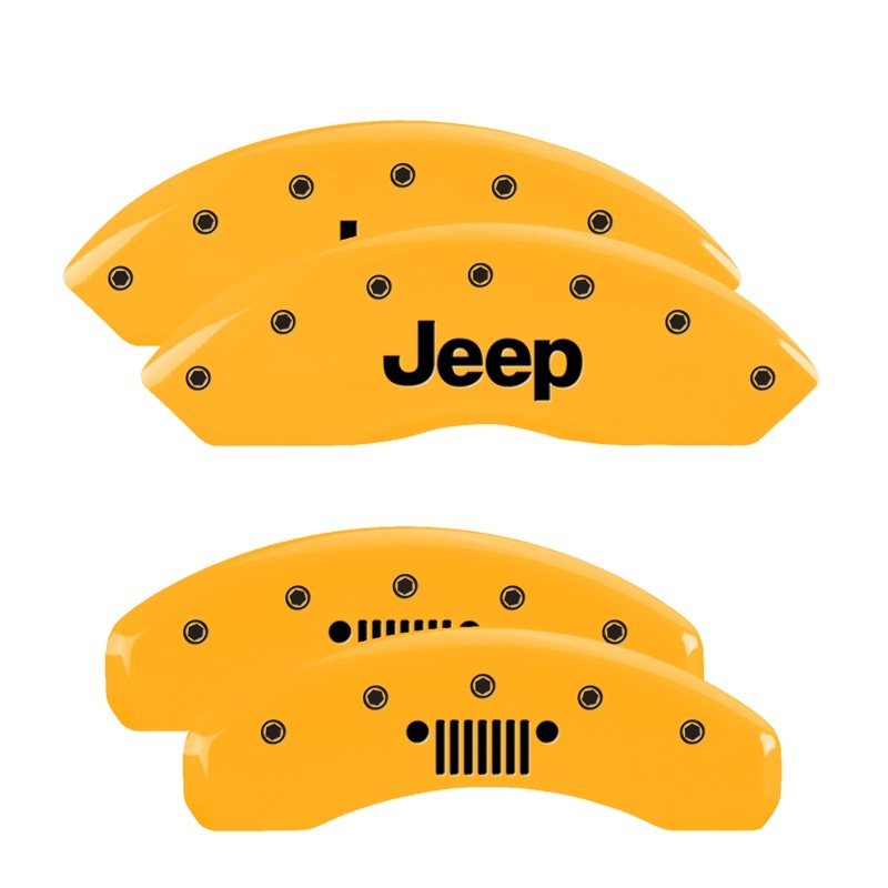 Jeep Wrangler Caliper Covers - Front + Rear - MGP - Engraved JEEP + JEEP Grill Logo - Yellow - `07-`18