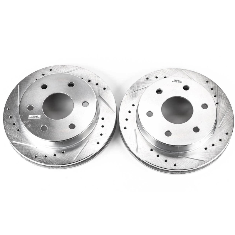 Cadillac Escalade Brake Rotors (2) - Front - PowerStop - Evolution Drilled & Slotted Zinc Plated Rotors - Silver - `99-`00