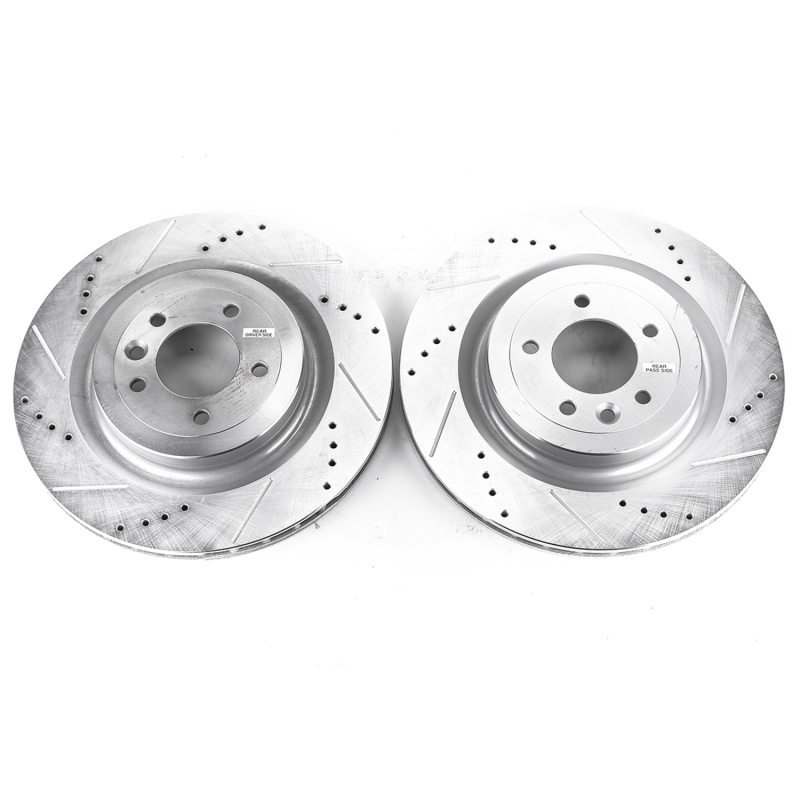 Land Rover Range Rover Brake Rotors (2) - Rear - PowerStop - Evolution Drilled & Slotted, Zinc Plated - Silver - `13-`20