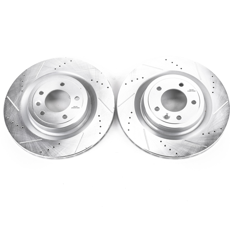 Land Rover Range Rover Brake Rotors (2) - Rear - PowerStop - Evolution Drilled & Slotted, Zinc Plated - Silver - `16-`17