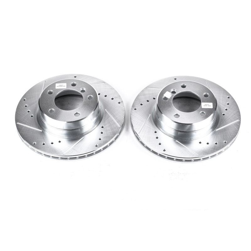 BMW 5 Series Brake Rotors (2) - Front - PowerStop - Evolution Drilled & Slotted - Silver - `04-`07