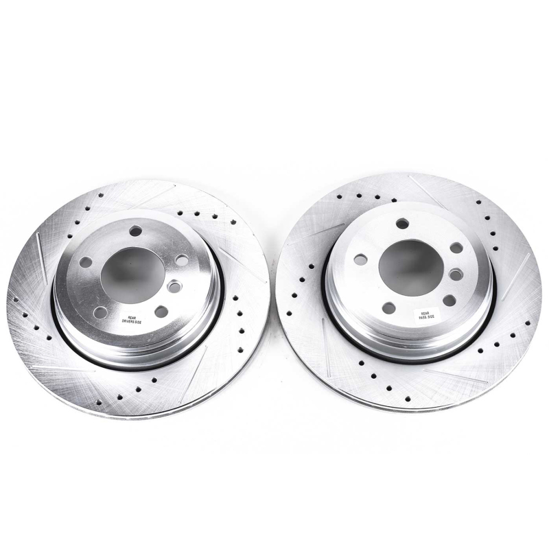 BMW 5 Series Brake Rotors (2) - Rear - PowerStop - Evolution Drilled & Slotted - Silver - `04-`07