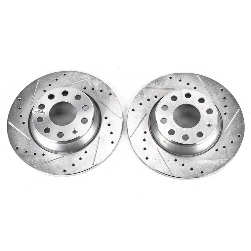Audi A3 Brake Rotors (2) - Rear - PowerStop - Evolution Drilled & Slotted Zinc Plated - Silver - `06-`09