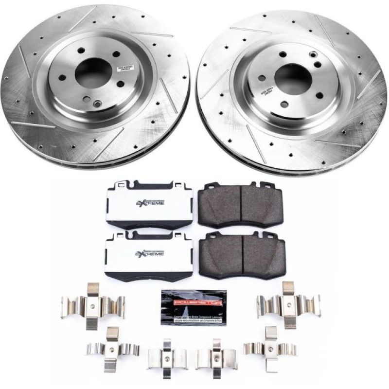 Mercedes-Benz C32 AMG Brake Kit - Front - PowerStop - Z26 Street Warrior + Drilled & Slotted Rotors + Carbon-Fiber Ceramic Pads - `02-`04
