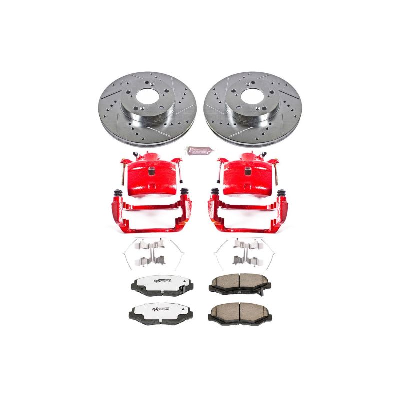 Honda CR-V Brake Kit - Front - PowerStop - Drilled & Slotted Rotors + Carbon-Fiber Ceramic Pads + Powder Coated Calipers - Red - `02-`04