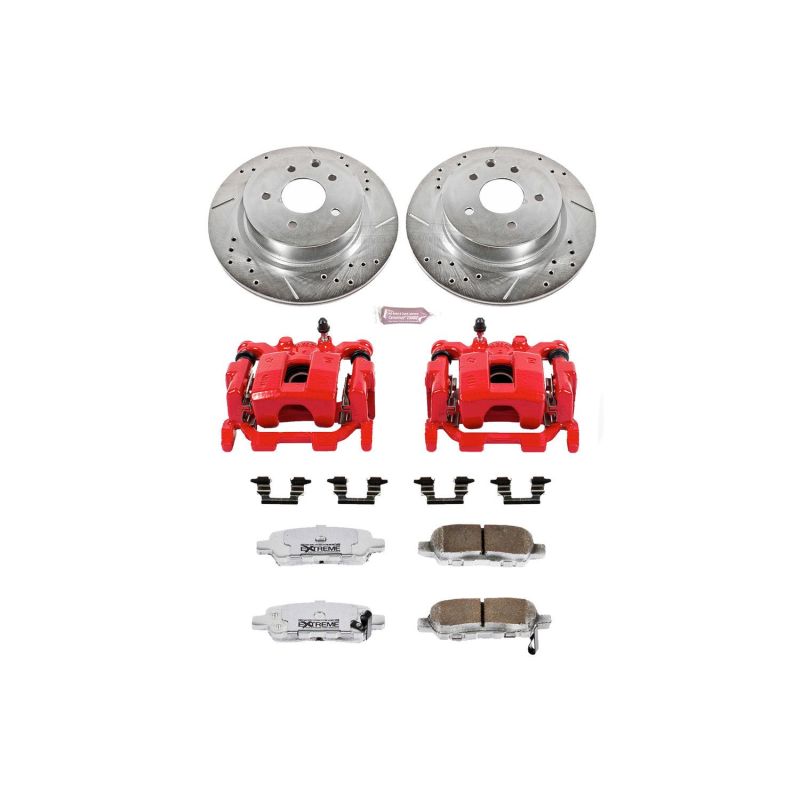 Nissan Maxima Brake Kit - Rear - PowerStop - Drilled & Slotted Rotors + Carbon-Fiber Ceramic Pads + Powder Coated Calipers - Red - `09-`14