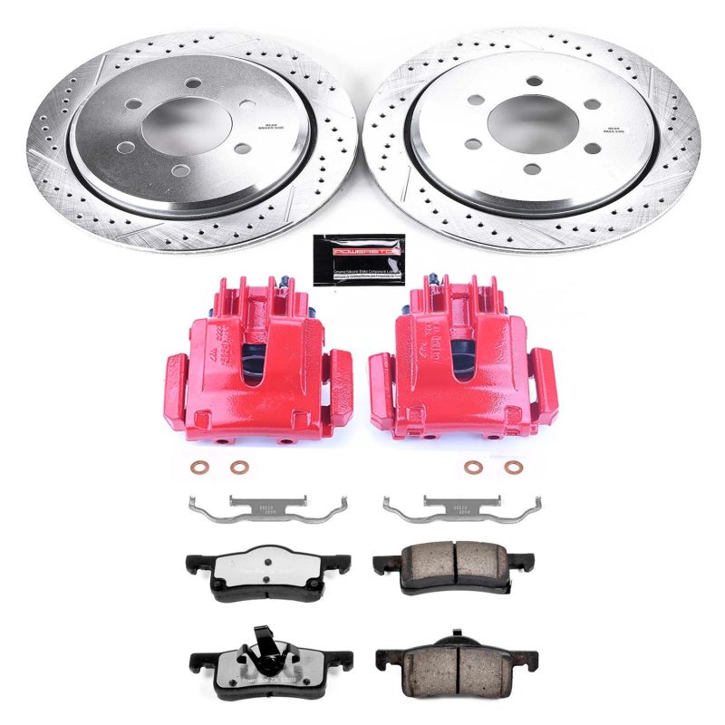 Ford Expedition Brake Kit - Rear - PowerStop - Drilled & Slotted Rotors + Carbon-Fiber Ceramic Pads + Powder Coated Calipers - Red - `02-`06